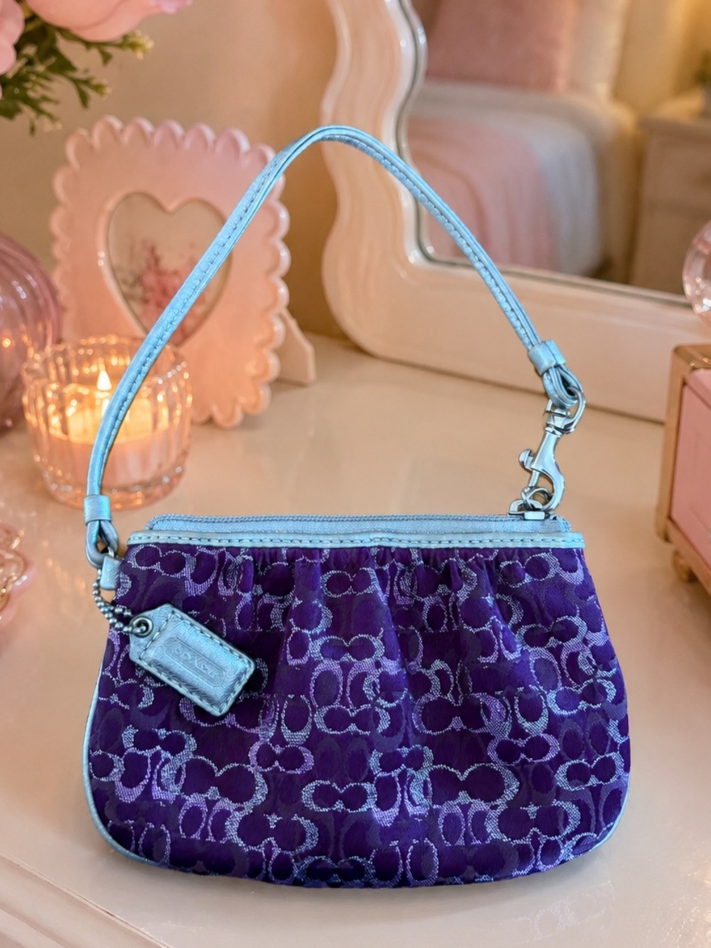 Coach Signature Wristlet Metallic Jacquard Pleat Purple Lurex Mini Optic Purse